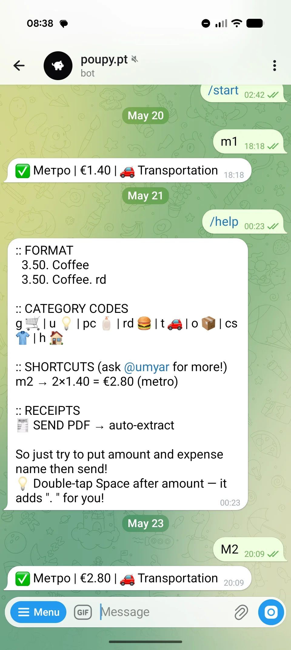 Custom shortcuts and Telegram bot input